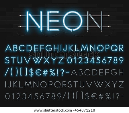 Realistic neon alphabet on a background of brick wall. Neon glowing font. Vector format