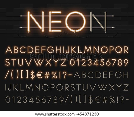 Realistic neon alphabet. Bright neon glowing font. Vector format