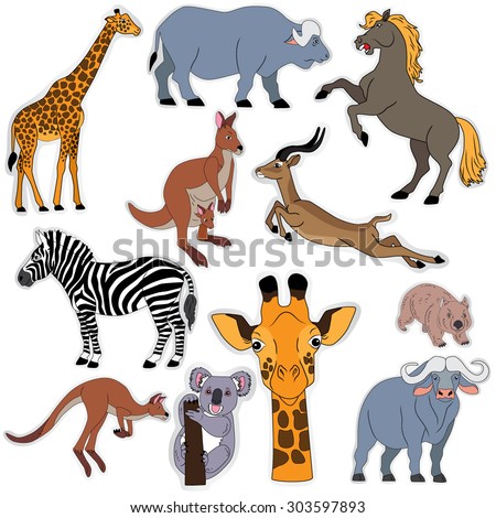 Set Of The Stickers With A Cartoon Herbivores For Kids. Stock Vector ...