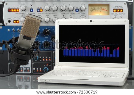 Audio setup containing microphone, laptop and other professional sound design devices