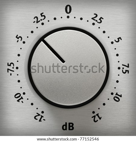 Studio closeup of a metallic volume knob with numbers from -12 to 12 dB