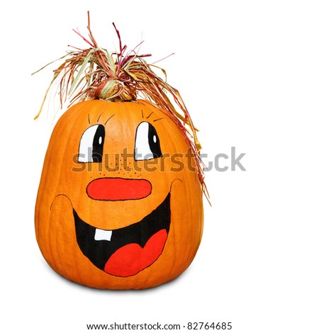 Isolated Pumpkin With Happy Painted Face And Straw Hair Stock Photo ...