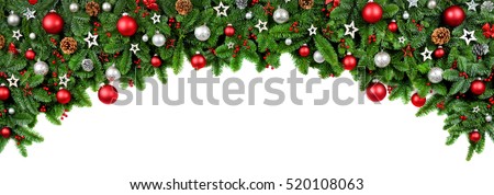 Wide arch shaped Christmas border isolated on white, composed of fresh fir branches and ornaments in red and silver ストックフォト © 