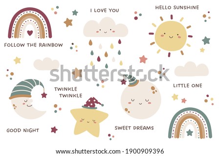 Set of sky and weather themed cute characters and design elements. Sun, clouds, rainbows, raindrops, moon, crescent, and stars. Kawaii characters of sun, cloud, moon, and star.