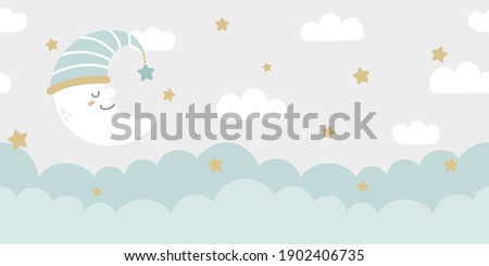 Seamless clouds, stars, and crescent background in pale pastel colors. For nursery room wallpaper, decoration, web banners, headers, etc.    