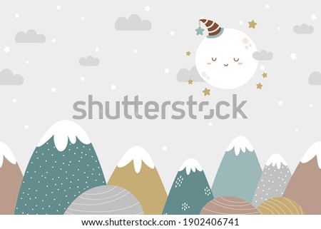 Seamless mountains and moon background in dusty pastel colors. For nursery room wallpaper, decoration, web banners, poster, etc.