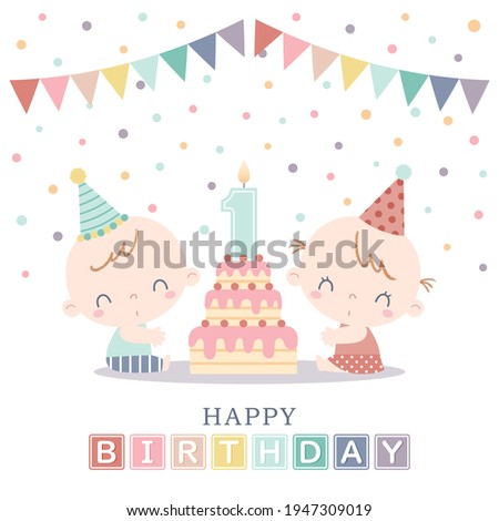 Two babies celebrating their first birthday with layered birthday cake, number candle, garlands, and confetti. Boy and girl twin's first birthday party.