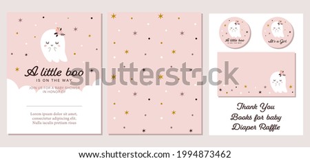 Set of baby shower invitation card, insert card, sticker, and pattern with cute ghost. Halloween themed baby shower invitation set in pastel colors.