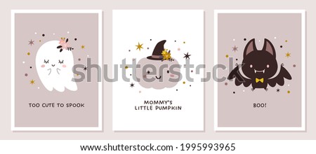 Set of graphics for nursery or kids room poster with Halloween theme. Cartoon style illustrations of cute ghost, pumpkin, and bat in modern natural colors.