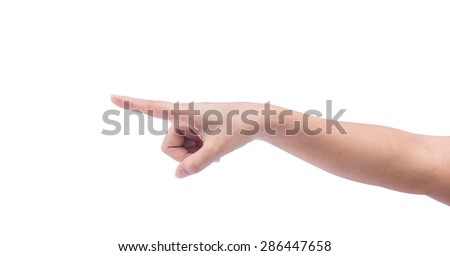 Woman hand touching virtual screen. Isolated on white background with clipping path