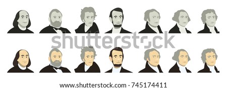 Portraits of US Presidents and famous politicians. Stylized like on US Dollar banknotes money of USA. Washington, Jefferson, Lincoln, Hamilton, Jackson, Grant, Franklin. flat vector set, color, grey