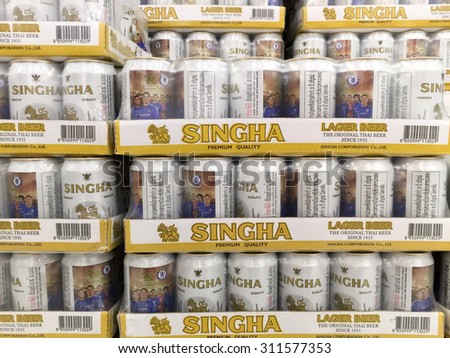 BANGKOK - August 30: View of beer singha on display in a supermarket on August 30 2015 in Bangkok, Thailand. beer singha is owned by BOON RAWD TRADING INTERNATIONAL CO., LTD