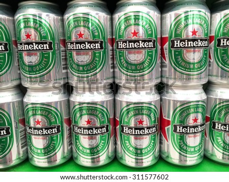 BANGKOK - August 30: View of Heineken beer on display in a supermarket on August 30 2015 in Bangkok, Thailand. heineken is owned by Thai Asia Pacific Brewery (TAPB) was established in Thailand in 1993