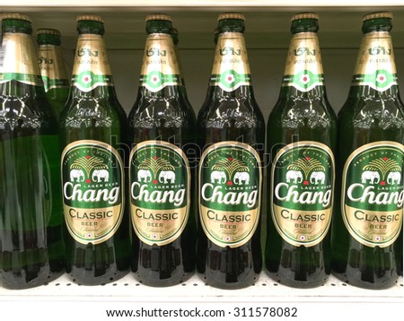BANGKOK -  August 30: View of Chang Beer bottles on display in a supermarket on  August 30 ,2015 in Bangkok, Thailand. Chang is owned by ThaiBev, the largest beverages company in Thailand.