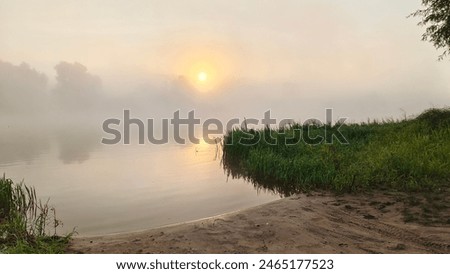 Similar – Image, Stock Photo fog rises over river in dark summer evening. Reeds and water lilies in foreground, bridge in distance. Dull boring sky. Beautiful moody night time