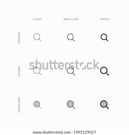 Vector magnifying glass search and find icon in varying stroke weight such as light, regular, and thick, as well as different styles such as round, sharp, and duotone