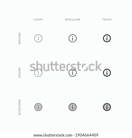 Vector information i info faq circle icon in varying stroke weight such as light, regular, and thick, as well as different styles such as round, sharp, and duotone