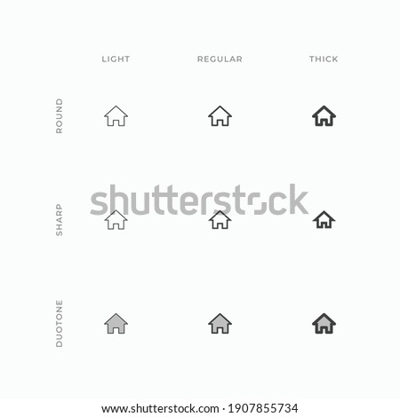 Vector home page screen icon in varying stroke weight such as light, regular, and thick, as well as different styles such as round, sharp, and duotone