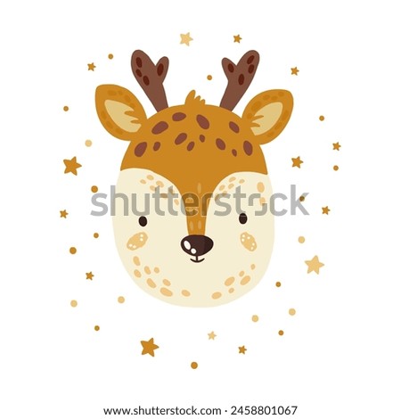 Vector illustration with forest animal. The head of a deer with antlers, with stars. Postcard. Forest animal. Cartoon style on a white background. Cute, forest cub.