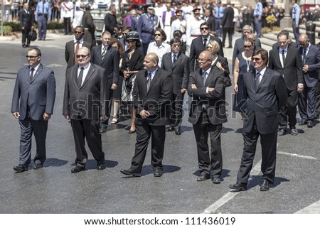 VALLETTA, MALTA - AUG 25 - Leaders of different Unions during the state funeral of former Prime Minister Dom Mintoff in Valletta on 25 August 2012