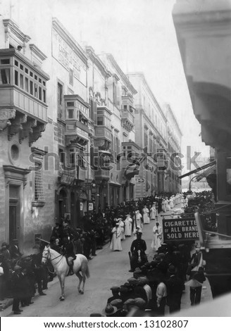 Procession in Merchants Street in Valletta Malta after the execution of Giuseppe Pace on 18th February 1927