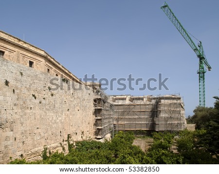 Restoration works being carried out on the bastions of the old city of Mdina in Malta