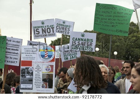 VALLETTA, MALTA - DEC 17 - Demonstrators during a rally held by Facebook group Legalize It Malta, in favour of the decriminalisation and legalisation of cannabis and hemp, on 17 December 2011
