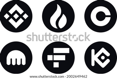 Vector round icons of cryptocurrency exchanges. Binance, Huobi Global, Coinbase Exchange, FTX, Kraken, KuCoin round icons in black. 