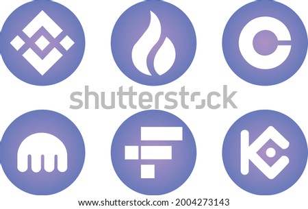 Vector round icons of cryptocurrency exchanges. Binance, Huobi Global, Coinbase Exchange, FTX, Kraken, KuCoin, round icons are filled with a gradient in purple hues. 