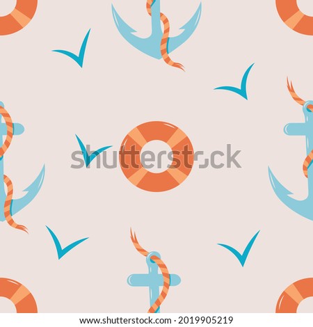 Vector seamless pattern on the marine theme. Marine anchor with a piece of torn rope and lifebuoy in cartoon style. The background is beige with blue gulls check marks. 