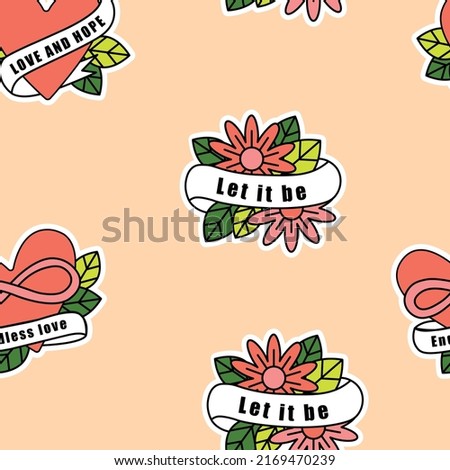 Vector seamless pattern with old school icons. Heart and flowers with inscriptions. Motivation. Foto stock © 
