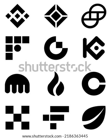 Icons of the best cryptocurrency spot exchanges. Binance, Coinbase Exchange, FTX, Kraken, KuCoin, Gate.io, Bitfinex, Huobi Global, Gemini, Coincheck, bitFlyer, OKX. Top 12. Black and white icons.