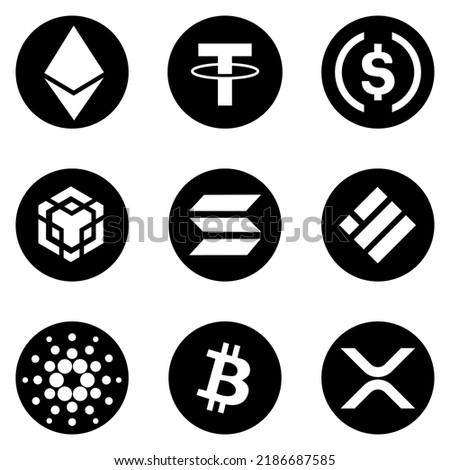 Set of cryptocurrency logos. official symbols.
Top 9 cryptocurrencies by market cap. Black and white round icons.