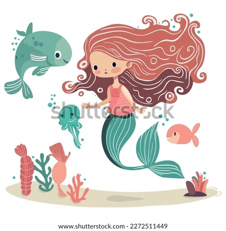 Whimsical mermaid surrounded by fish, seaweed, and coral in vector cartoon style. Perfect for children's designs, logos, and branding