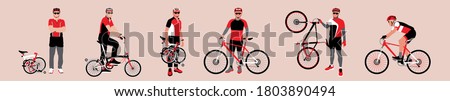 Collection set of people with bicycle. Set of cyclist with bike. People riding bicycle. People stand beside bicycle. People lift bicycle. bike and folding bike. Flat vector illustration.
