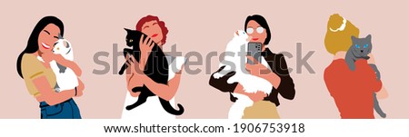 Set of girls with their cats. Girl hugging, petting, playing, and take a photo with a cat. Cat lovers. Angora, Burmese, Persian, and British shorthair cat.