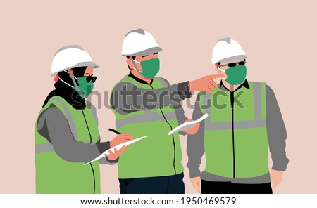 Engineer team discuss on project location. Engineer worker wearing mask.  Supervising architecture built project. Safety equipment for engineer.