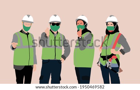 Collection set of engineer worker. supervisor. Kindly worker greetings with love. Rope access technician engineer. Engineer worker wearing mask. Safety equipment for engineer.