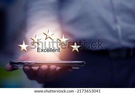 five stars imply excellent service report by customer wia internet by tablet computer Zdjęcia stock © 