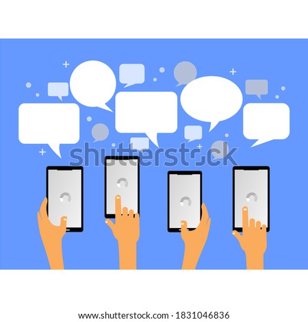 image of several hands holding multiple smartphones and bubbles on it