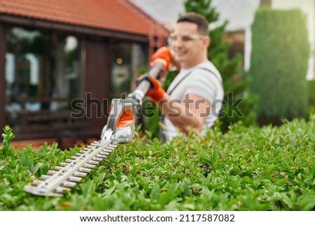 Positive caucasian man in safety glasses and gloves cutting bushes on backyard. Competent gardener using modern electric trimmer for work outdoors. Photo stock © 