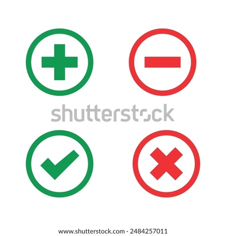Set of badges: plus, minus, cross, tick. Red and green. Vector