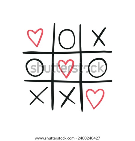 Tic tac toe game with red hearts, hand drawn flat vector illustration isolated on white background. Concepts of love and Valentines day. 