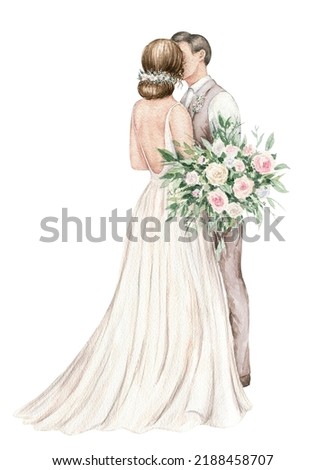 Just married couple, lovers kiss. Elegant bride and groom in beige suit. Hand-painted illustration. Watercolor art isolated on white background. Template for wedding invitation, save the date, cards Photo stock © 