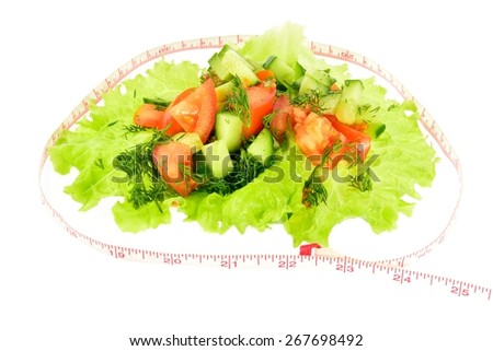 Sliced tomato, cucumber and dill on a piece of lettuce with a meter on a white background