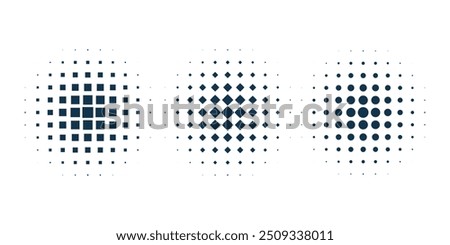 Set of dotted abstract shapes. Hexagonal halftone pattern. Half tone design elements in geometric tech style for logo, banner, web page, print, poster, business cards and template.