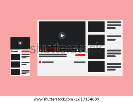 Desktop Video player YouTube. PC and smartphone social media interface. you tube Play video online mock up button. Tube window with navigation icon. Vector illustration.