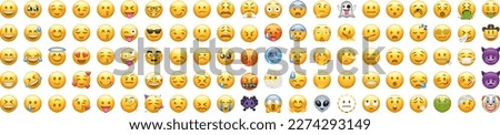 Big set of yellow emoji. iOS emoji, emoticons. WhatsApp emoji. Funny emoticons faces with facial expressions.