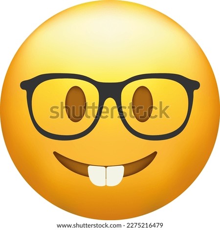Nerd emoji. Emoticon with transparent glasses, funny yellow face with black-rimmed eyeglasses.
