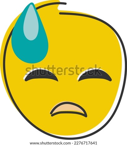 Downcast emoji with cold sweat. Sad yellow face, emoticon with closed eyes. Hand drawn, flat style emoticon.